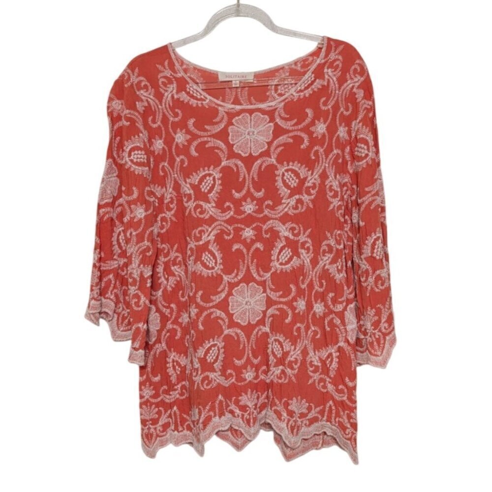 Solitaire Embroidered Floral Shirt Womens Size Large Orange Scallop Hem Boho
